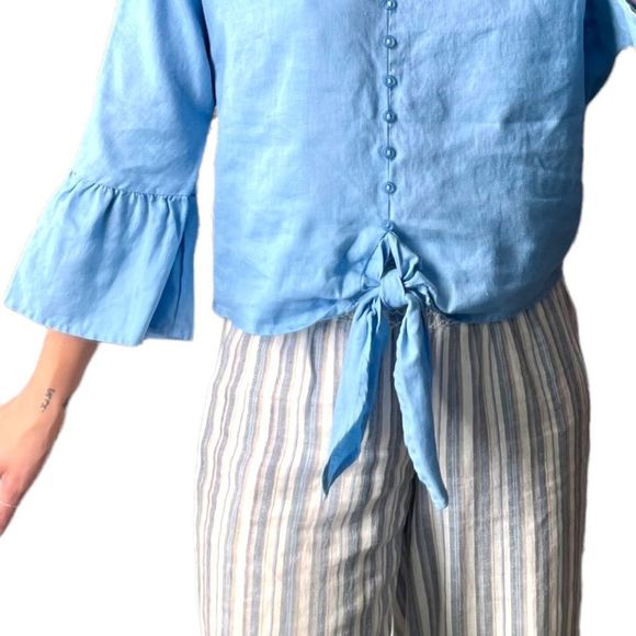 For Cynthia 100% Linen Blue Sailorcore Top S: M - Picture 7 of 9